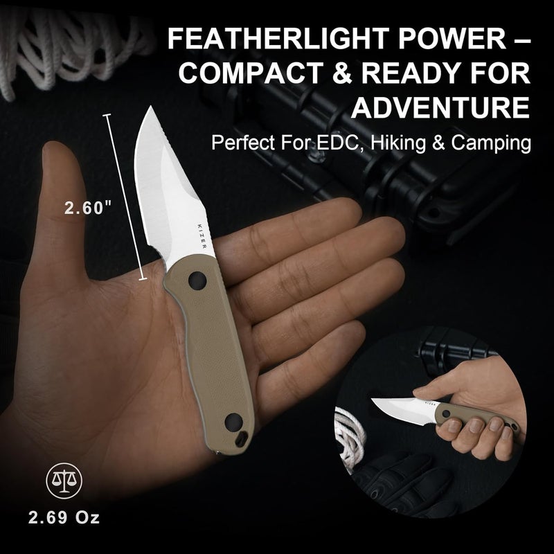 KIZER Drop Bear Fixed Blade Knife, 2.6" AEB-L Satin Blade EDC Hunting Knife with Tan G10 Handle & Built-in Tools, Outdoor Small Camping Survival Knives with Adjustable Kydex Sheath, 1092A2 - Image 2